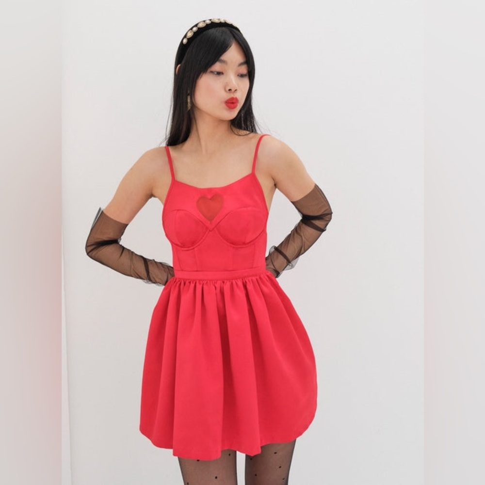For Love and Lemons Lauren Mini Dress XS - Satin - Red - with heart cutout